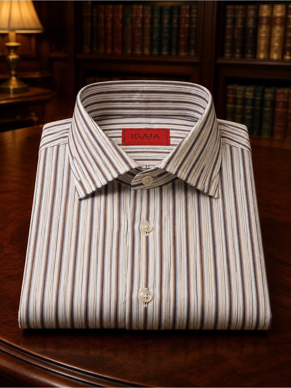 ISAIA Men's Cream Shirt with Brown and Blue Stripes